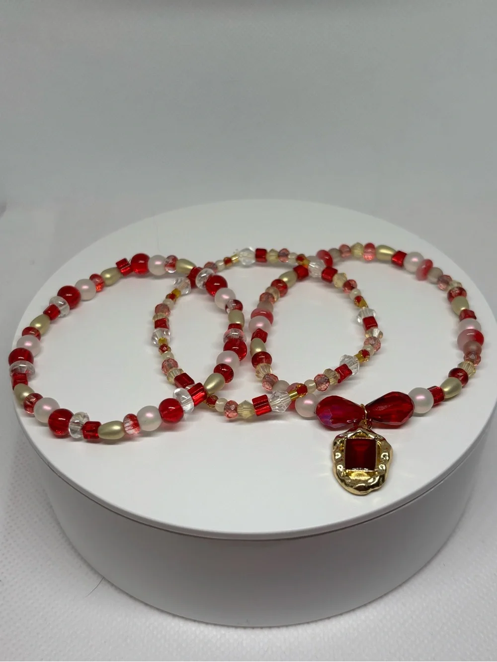 Red and gold premium glass Beaded Stretch Bracelet Set with Gold Charm